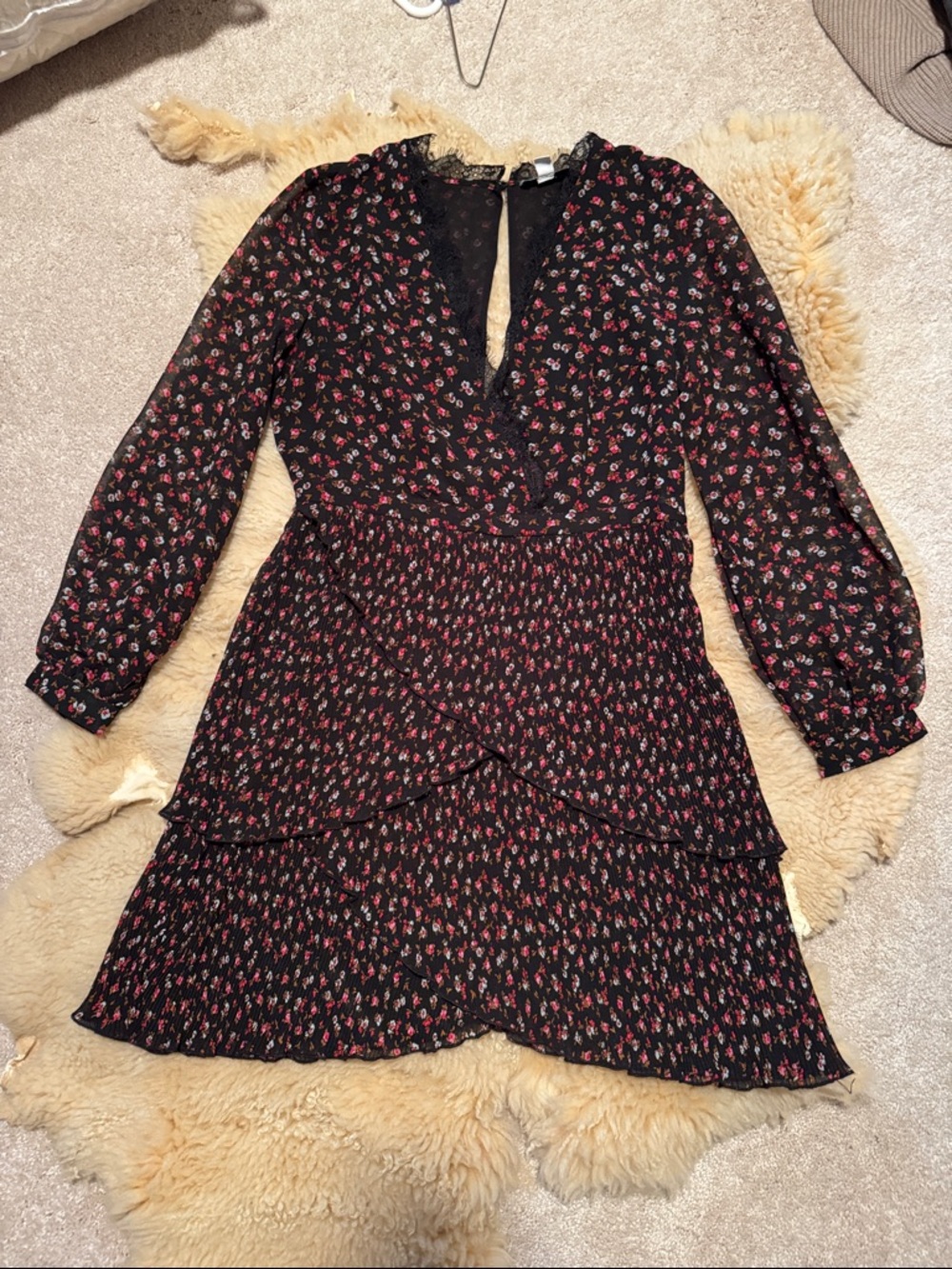 Topshop Black Floral Tiered Long-Sleeve Dress - Women's